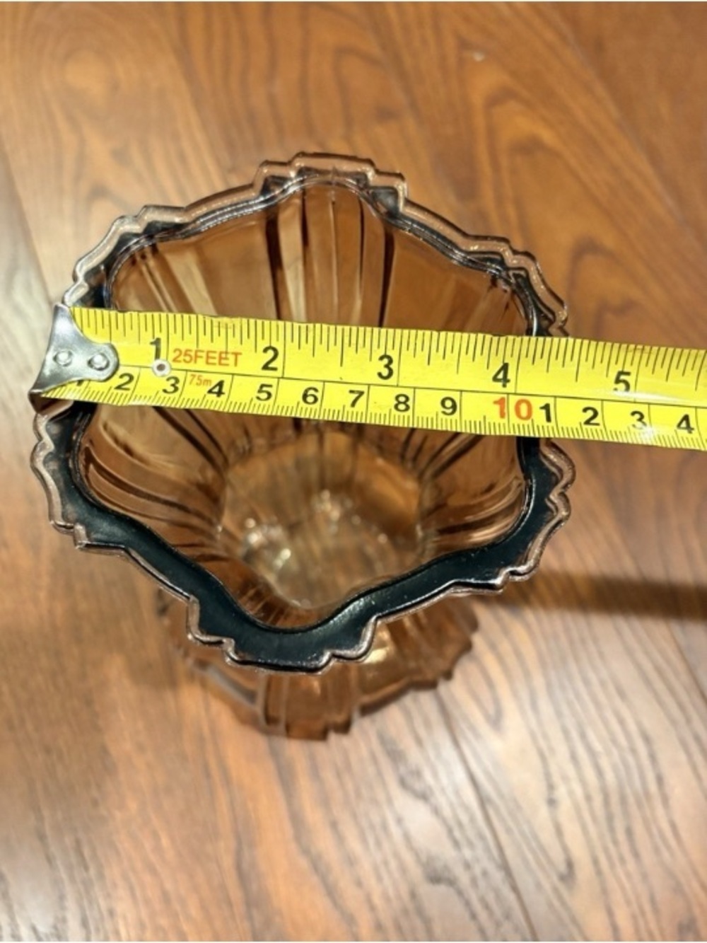Smoked Brown Scalloped Glass Vase with Decorative Metal Rim